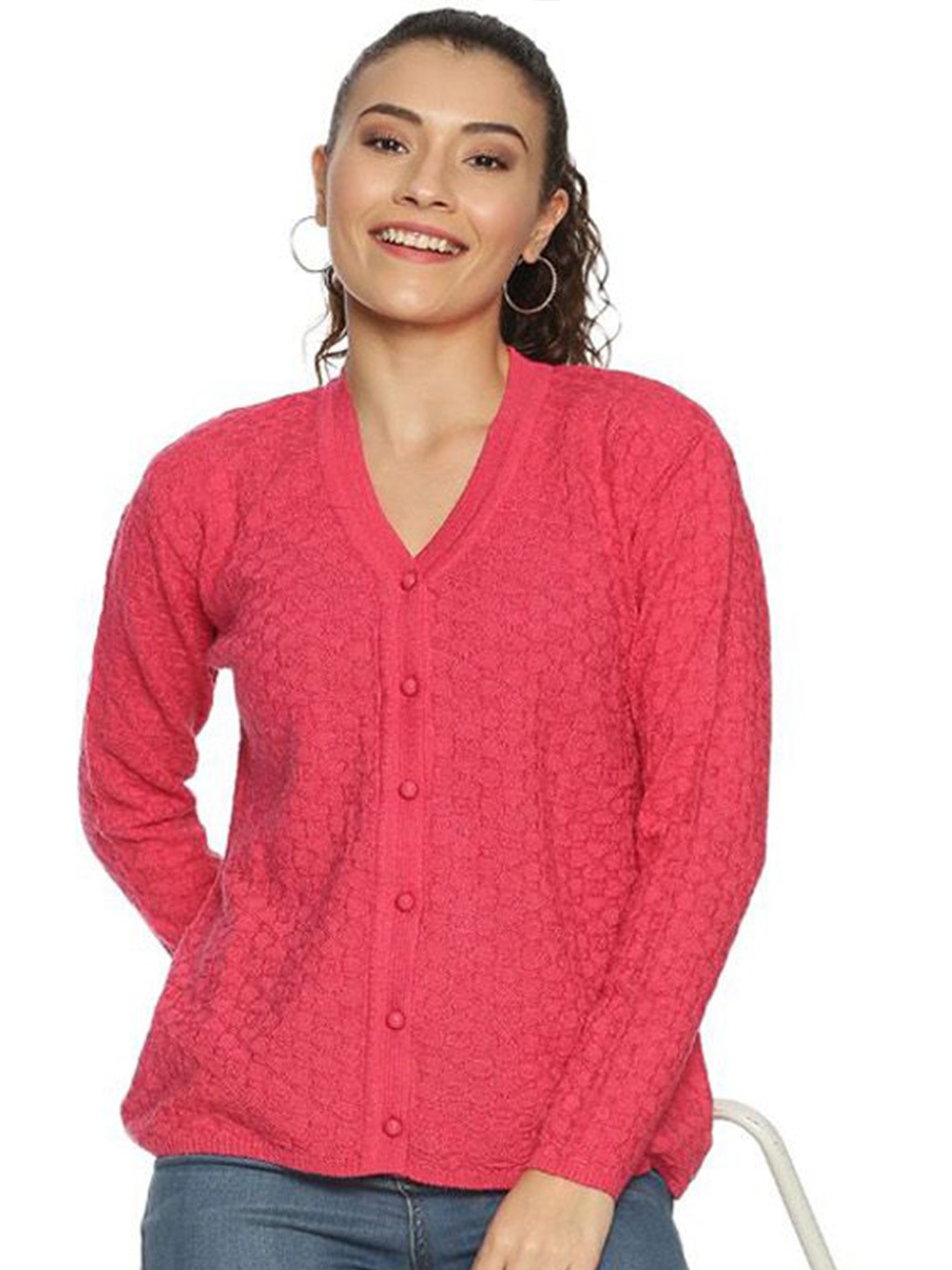 

CLAPTON Women V-Neck Long Sleeves Woollen Cardigan, Pink