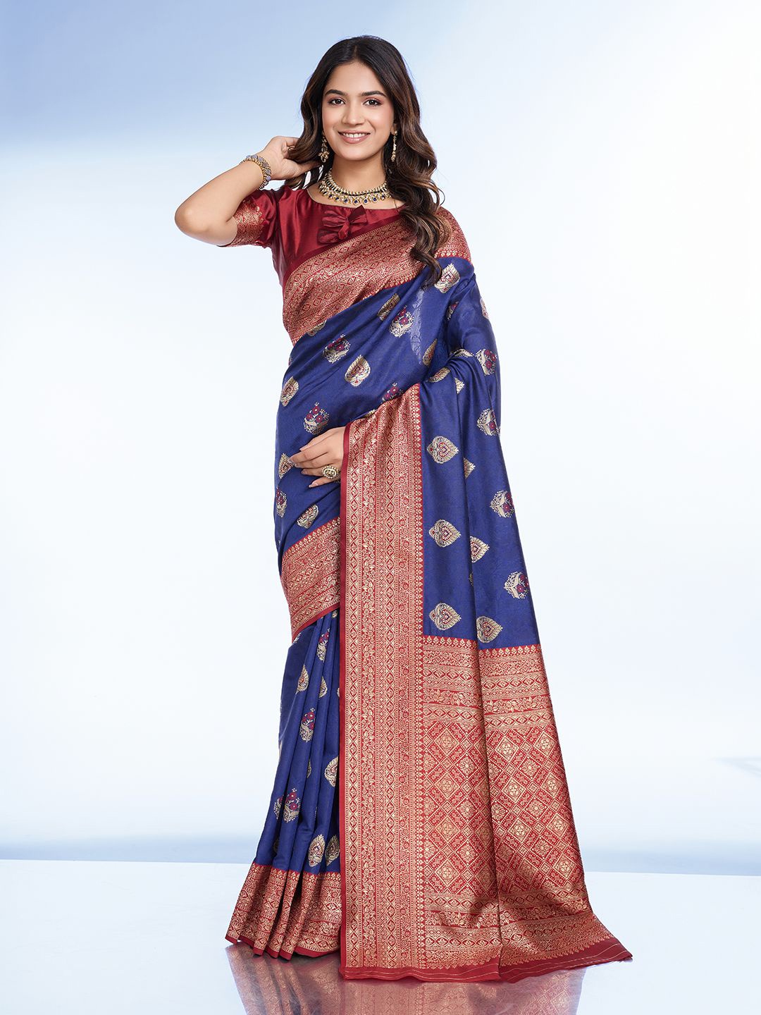 

RICH & ROMAN Ethnic Motifs Woven Design Zari Pure Silk Banarasi Saree, Blue