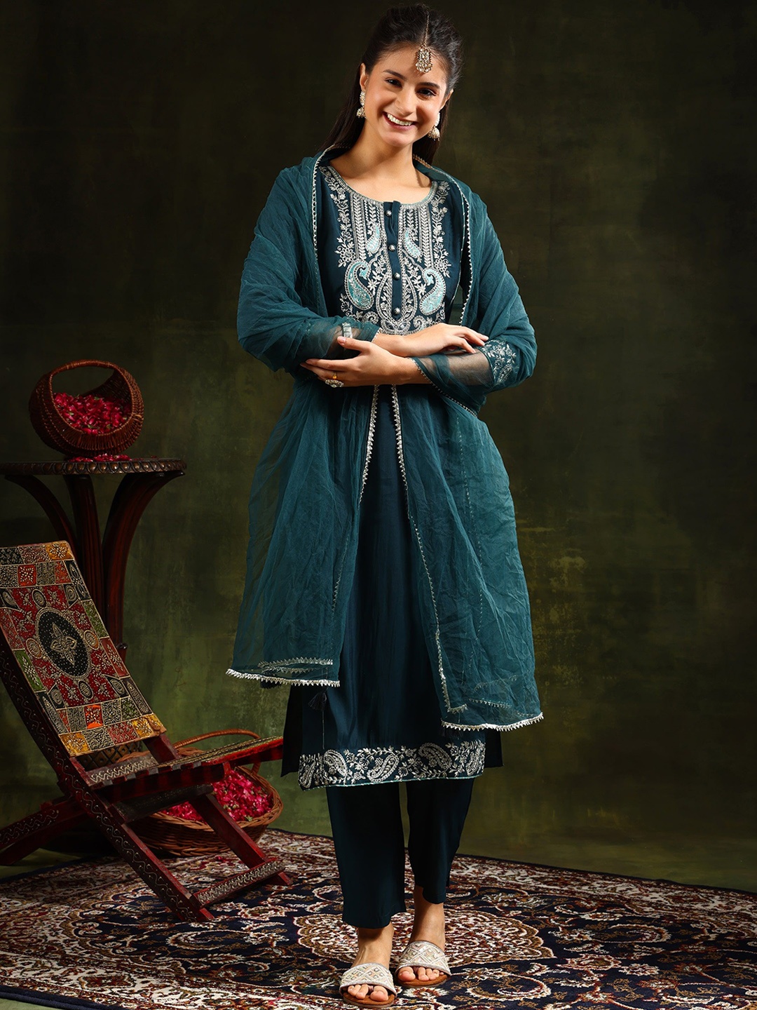 

KALINI Ethnic Motifs Embroidered Thread Work Chanderi Cotton Kurta with Trousers & Dupatta, Teal