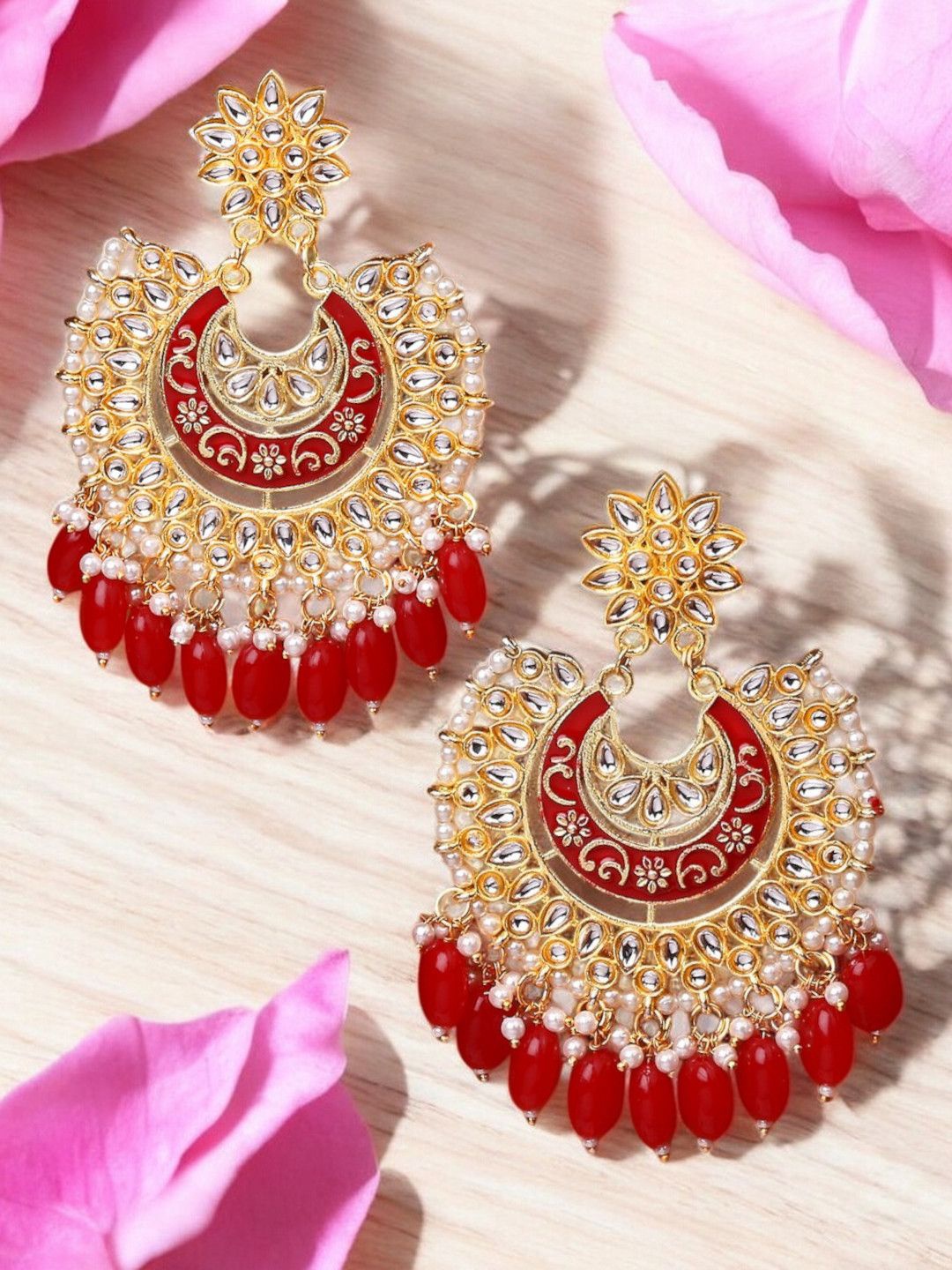 

OOMPH Kundan Studded & Beaded Meenakari Floral Chandbalis, Red