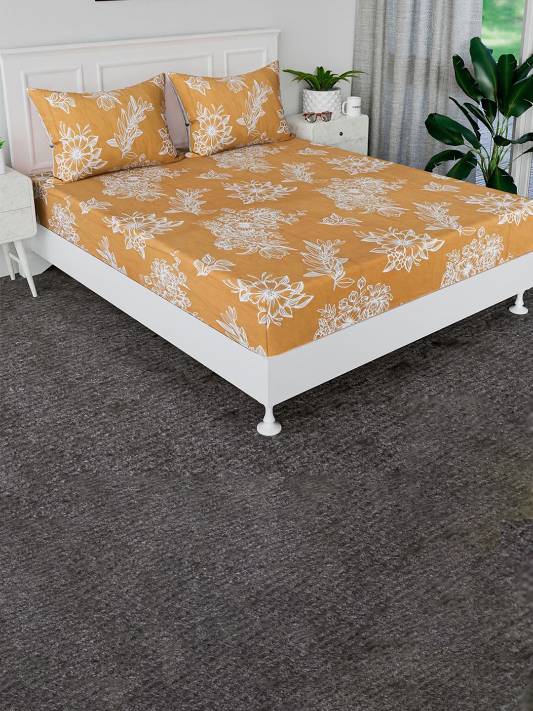 

Kuber Industries Mustard & White 180 TC Cotton King Bedsheet with 2 Pillow Covers 2 x 2mt