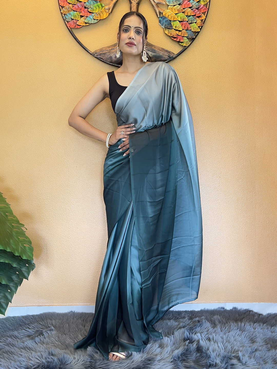 

V3 FASHION STUDIO Pure Chiffon Ready to Wear Jamdani Saree, Blue