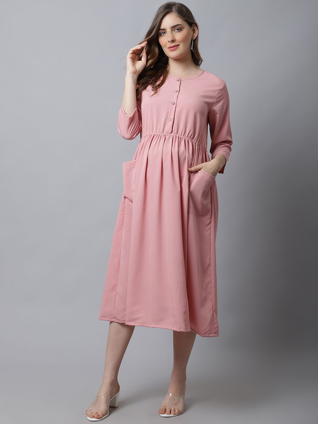 

Frempy Women Round Neck Maternity Blouson Midi Dress, Pink