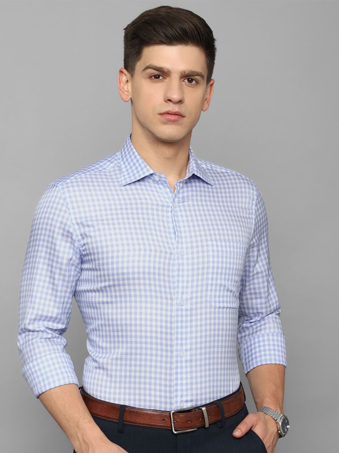 

Louis Philippe Men Spread Collar Checked Cotton Formal Shirt, Blue