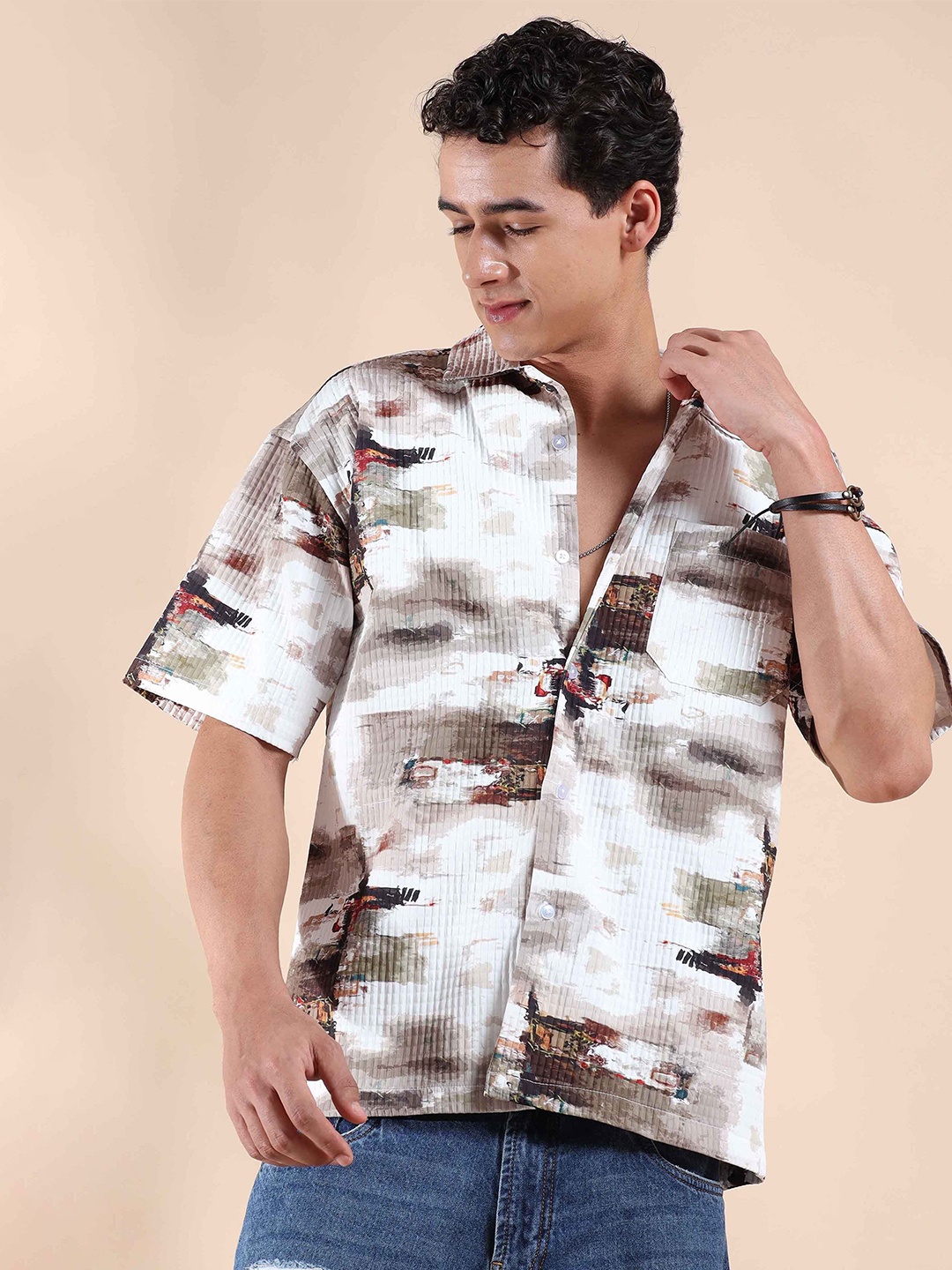 

HOUSE OF MAHNOTS Men Relaxed Spread Collar Abstract Printed Casual Shirt, White