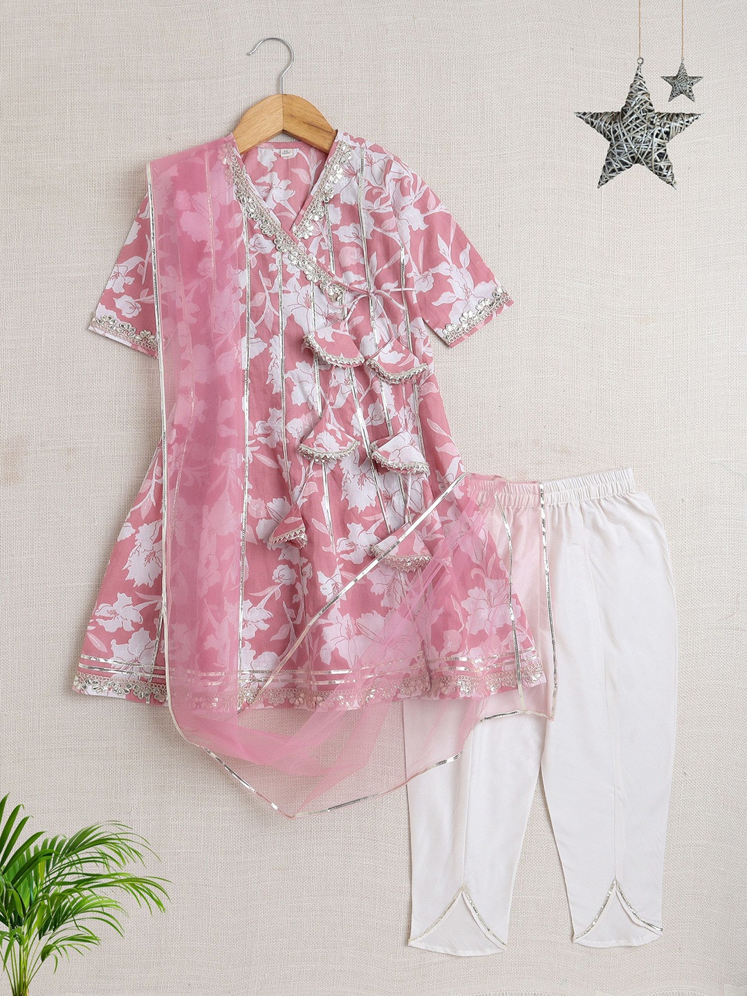 

The Magic Wand Girls Floral Printed Gotta Patti Anarkali Kurta with Sharara & With Dupatta, Pink
