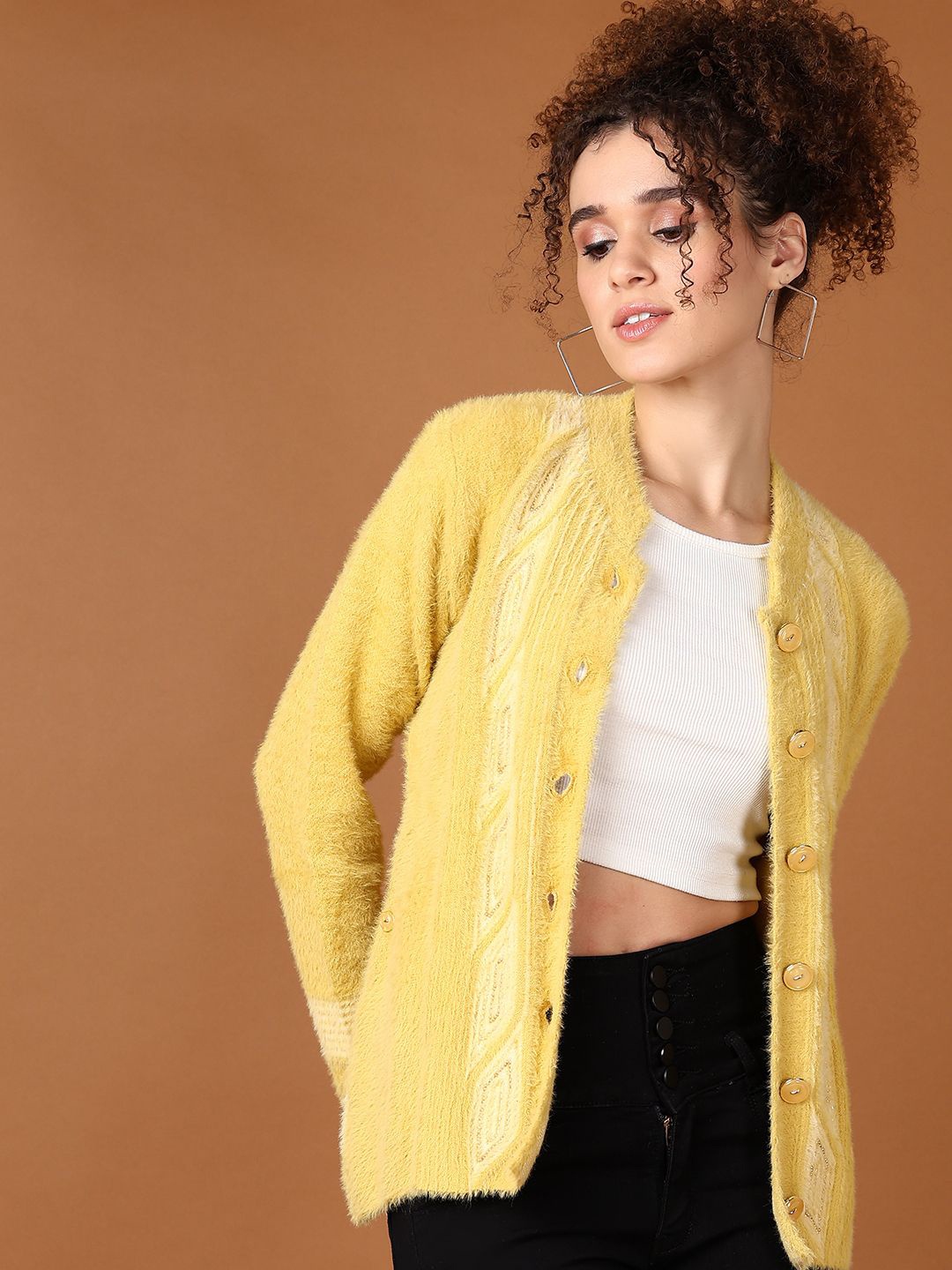

V-Mart Women Self Design Mandarin Collar Cardigan, Mustard