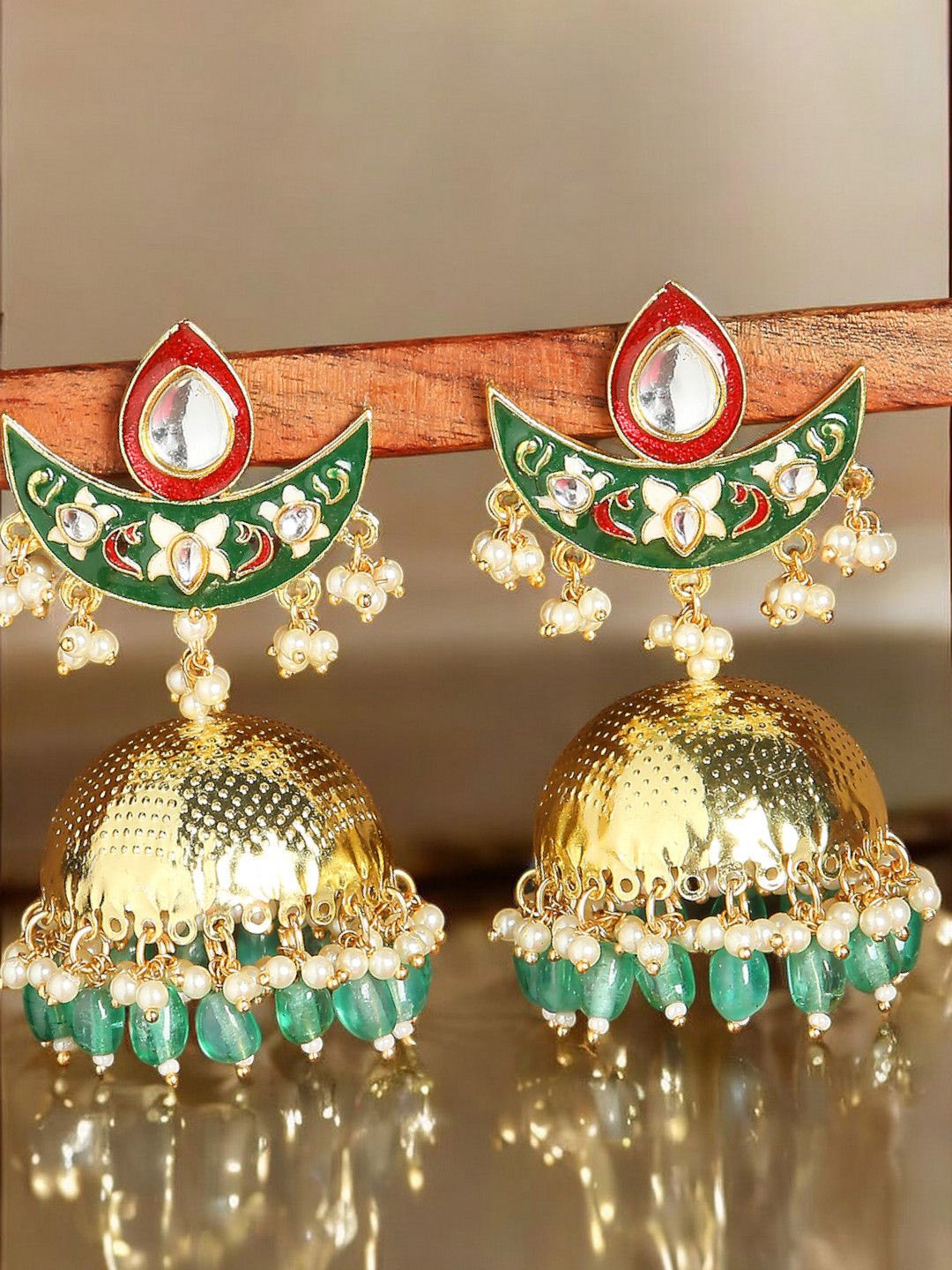 

OOMPH Kundan Studded Dome Shaped Meenakari Jhumkas, Green