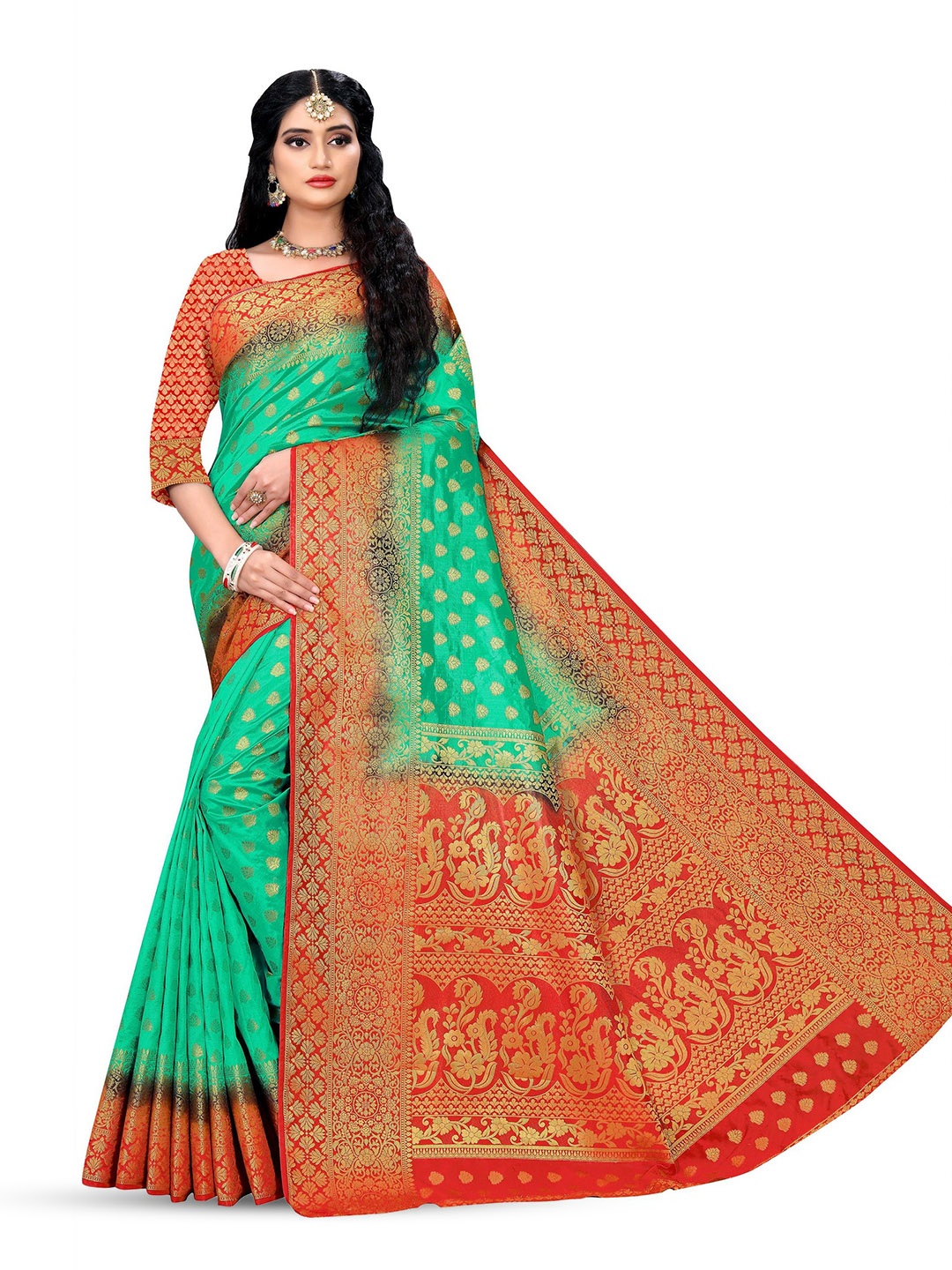 

ANISSA SAREE Ethnic Motifs Woven Design Zari Designer Banarasi Saree, Green