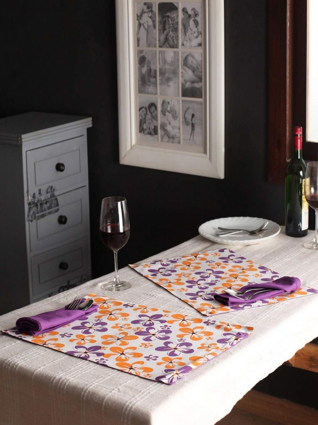 

Lushomes Purple & Orange Coloured 12 Pieces Pure Cotton Table Placemats & Napkins