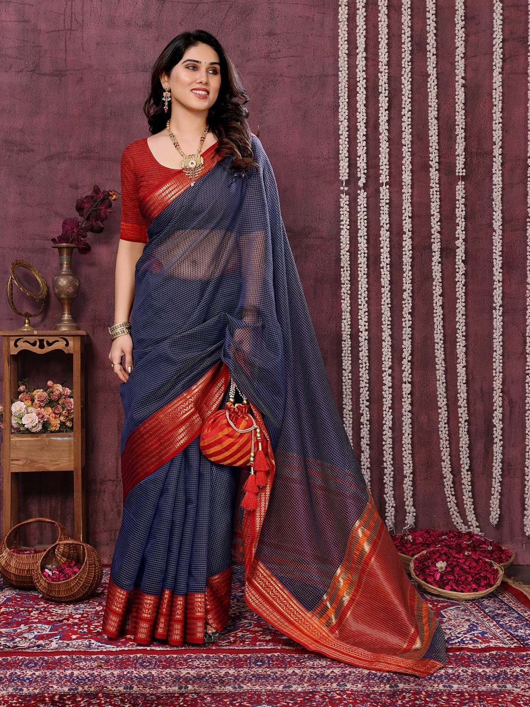 

Sidhidata Woven Design Zari Fusion Kota Saree, Navy blue