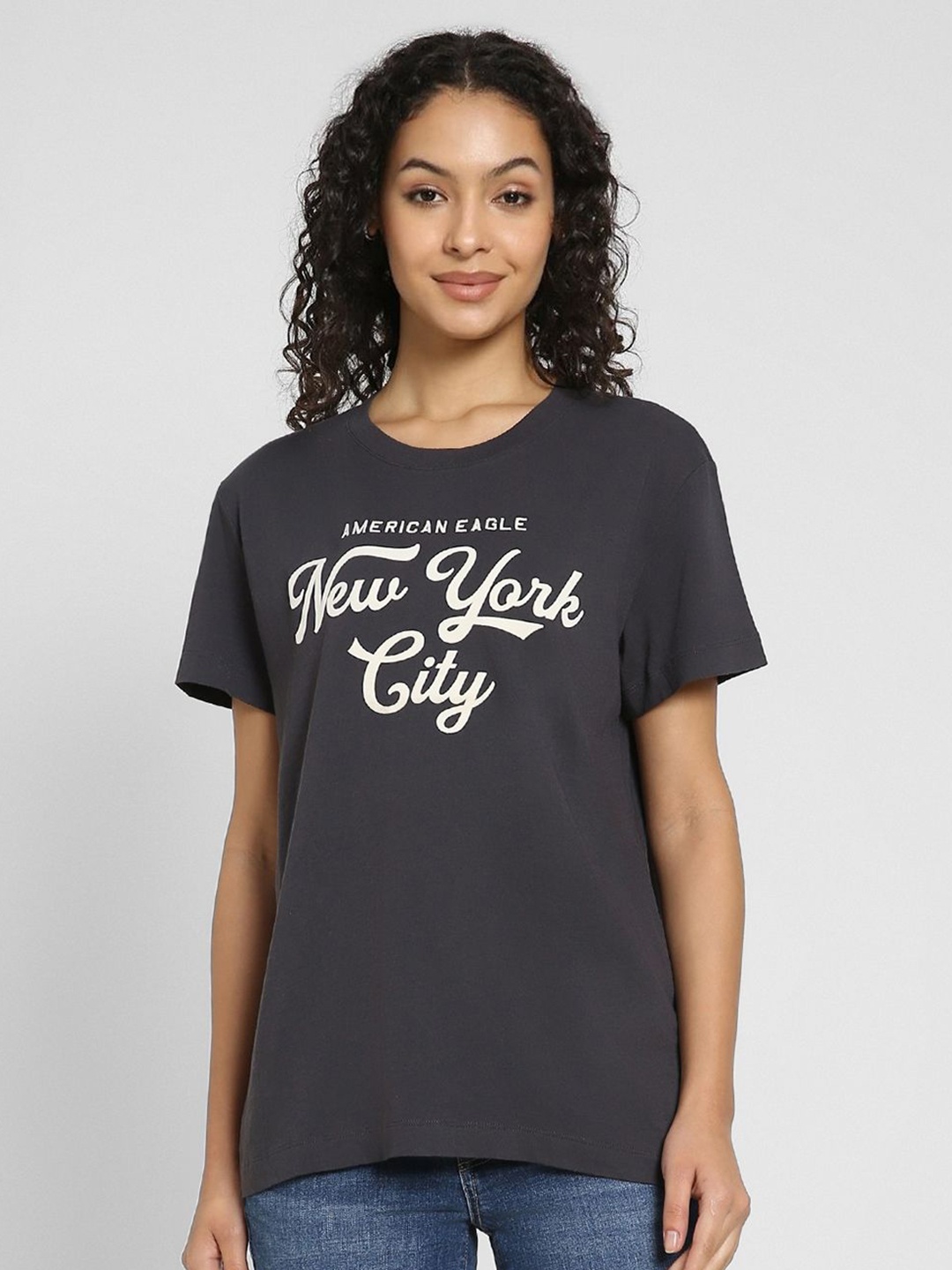 

AMERICAN EAGLE OUTFITTERS Women Typography Printed Round Neck Cotton T-shirt, Black