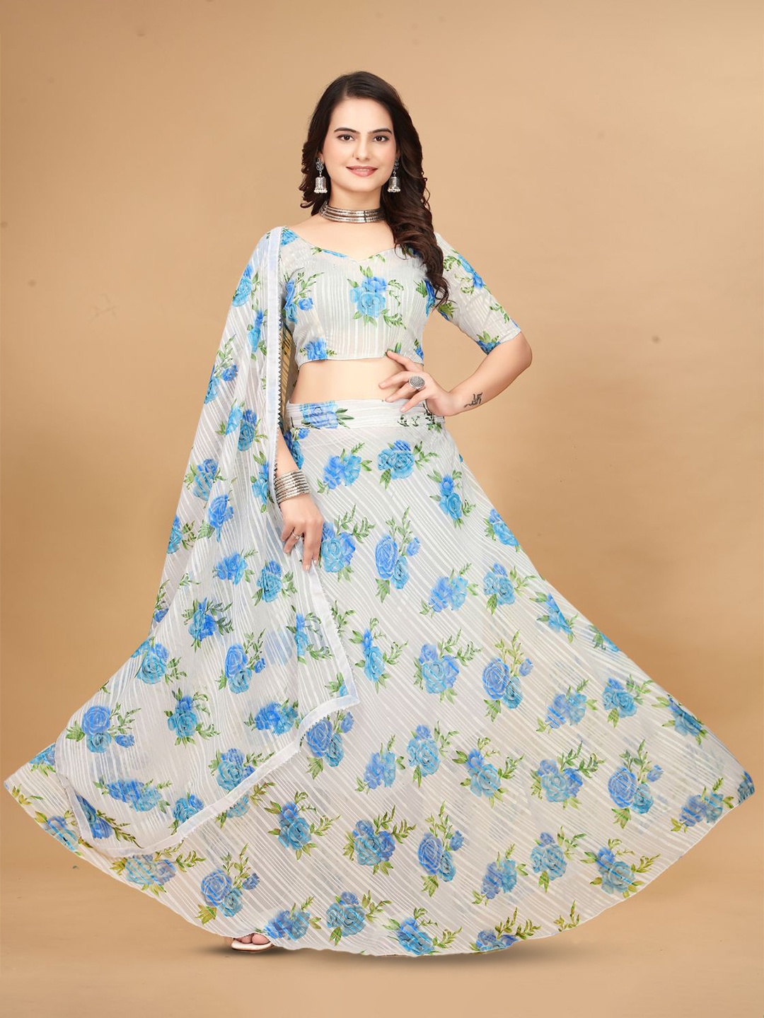 

N ENTERPRISE Printed Semi-Stitched Lehenga & Unstitched Blouse With Dupatta, Turquoise blue