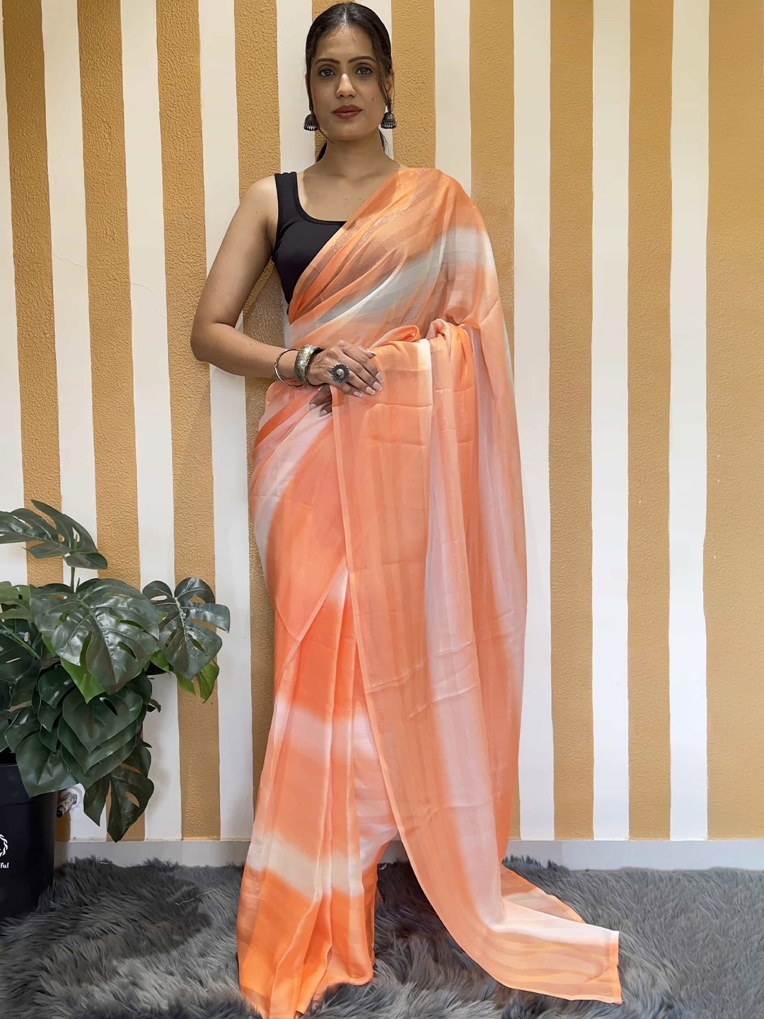 

V3 FASHION STUDIO Leheriya Pure Chiffon Ready to Wear Jamdani Saree, Orange