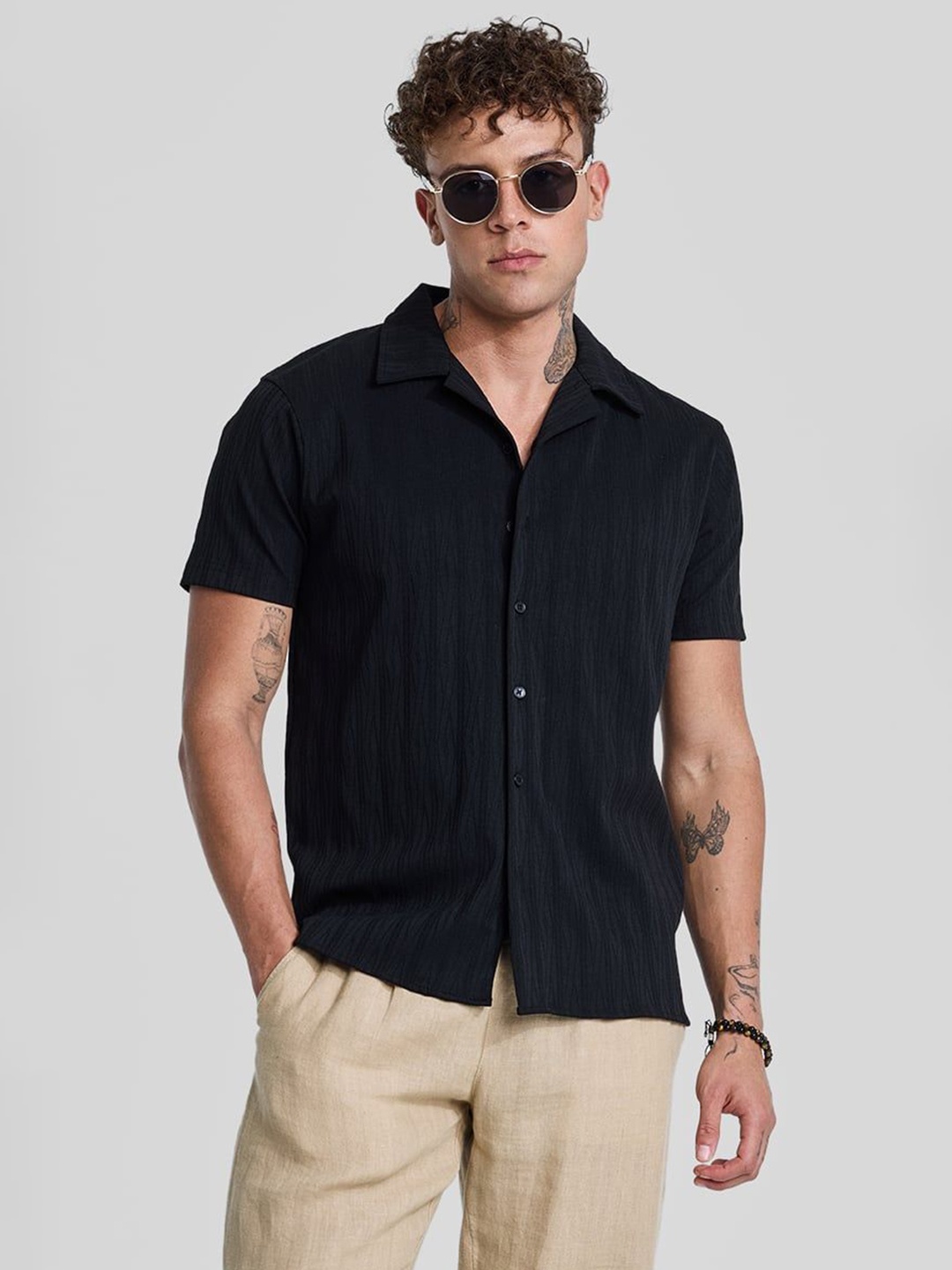

Snitch Men Smart Cuban Collar Textured Casual Shirt, Black