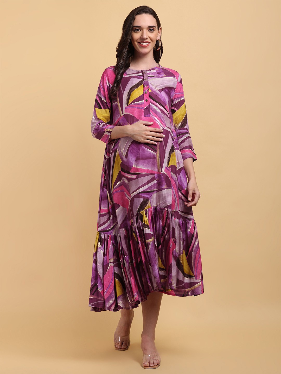 

CHARISMOMIC Women Maternity Maxi Three-Quarter Dress, Pink