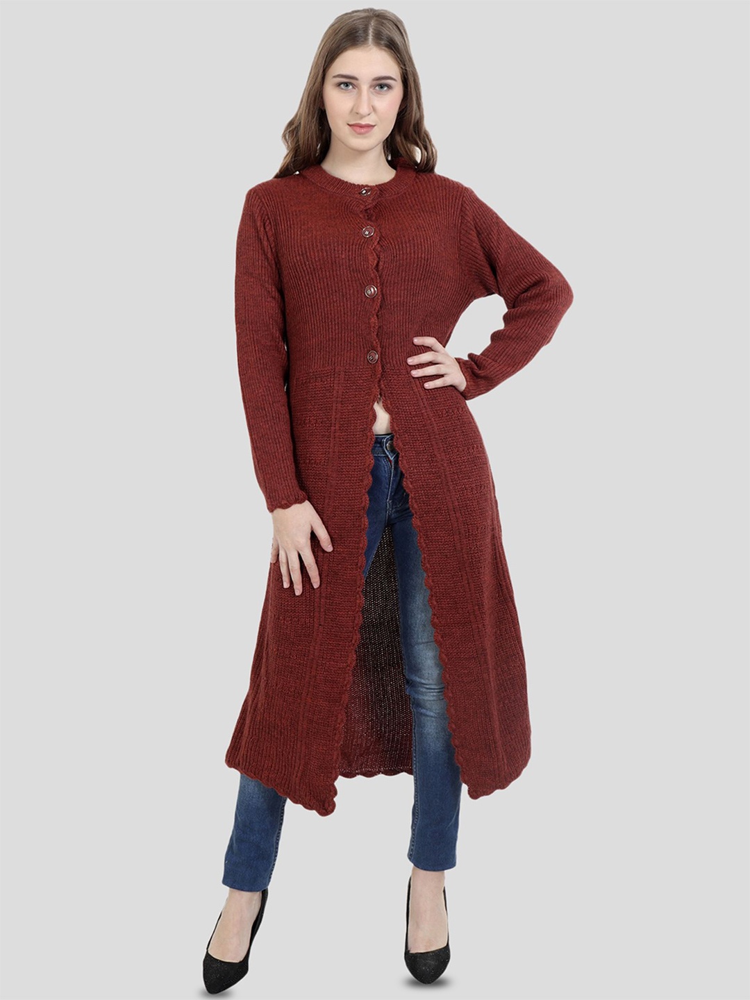 

HAUTEMODA Women Ribbed Woollen Longline Winter Cardigan, Maroon