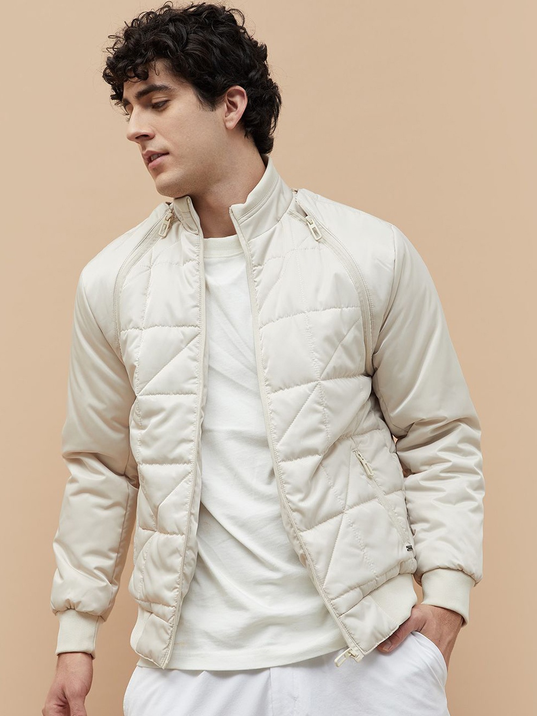 

Bossini Men Mock Collar Solid Casual Padded Jacket, Beige