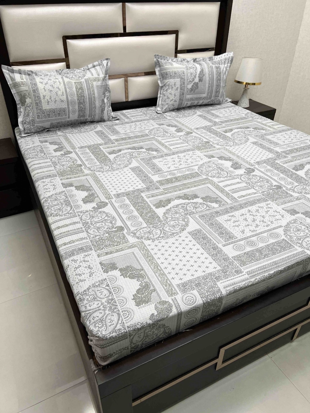 

Pure Decor Velar Grey Ethnic Motifs Pure Cotton 330 TC Super King Bedsheet Set-2.73mx3.0 m