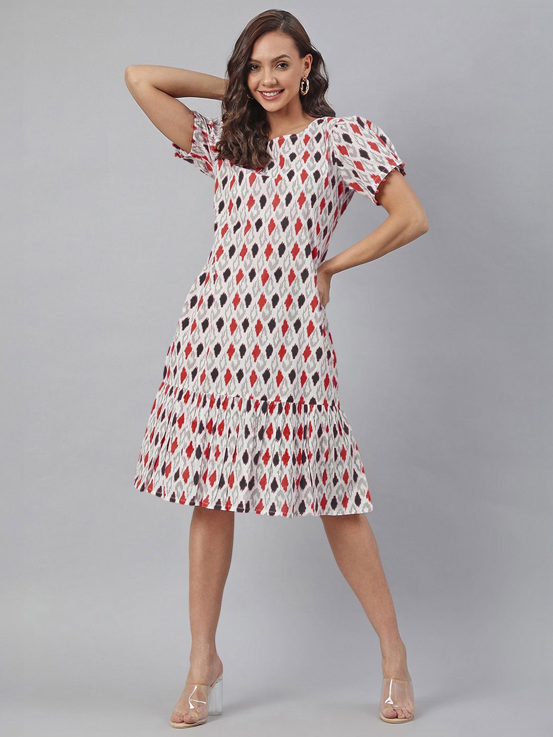 

Janasya Women Printed Puff Sleeve A-Line Dress, White