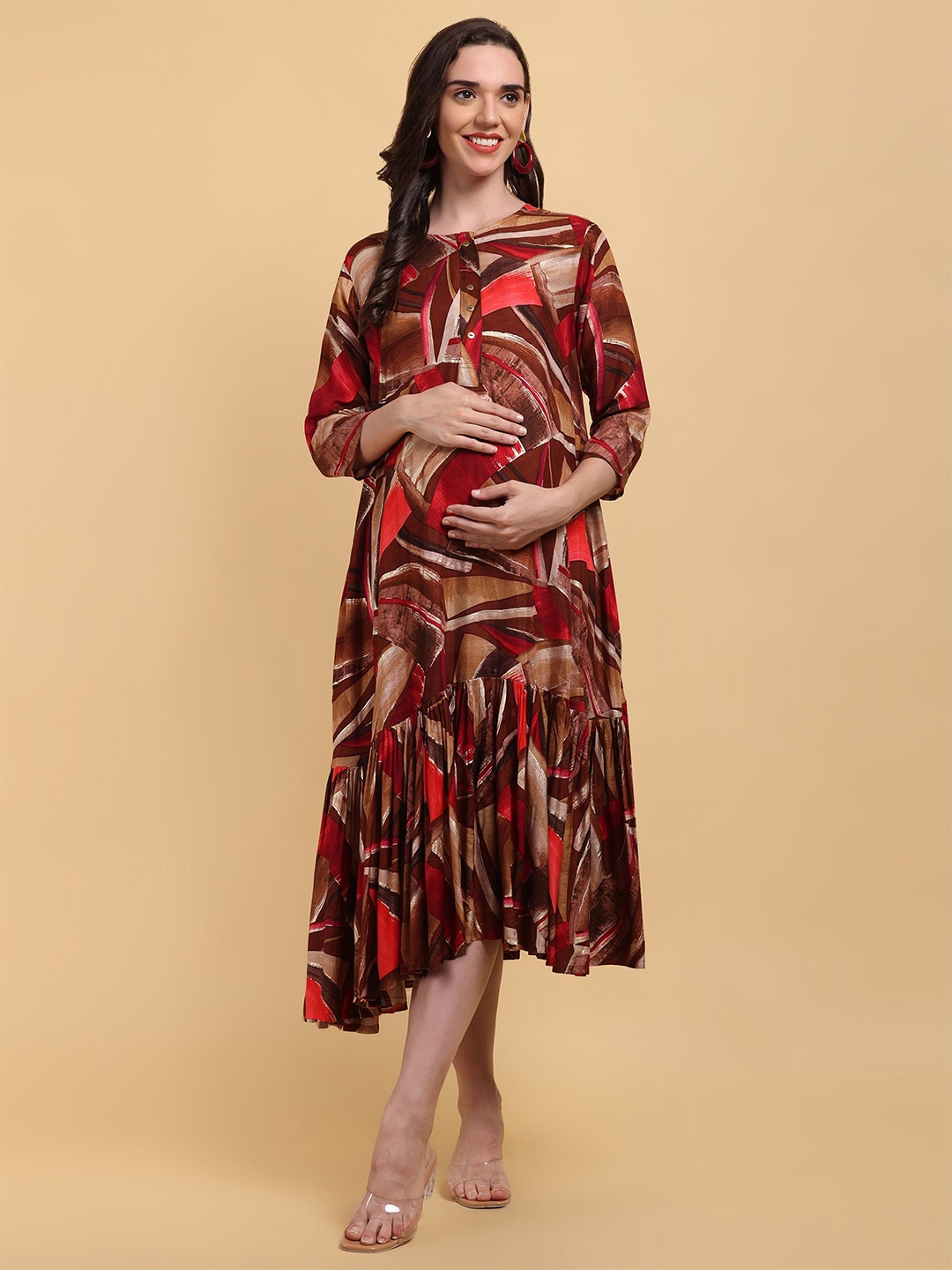 

CHARISMOMIC Women Print Maternity Maxi Midi Dress, Red