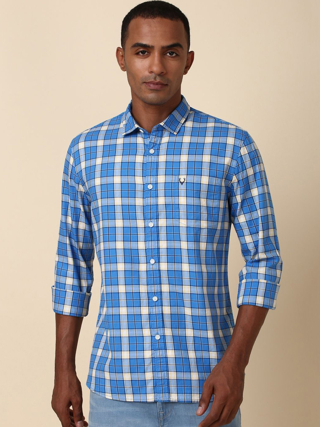 

Allen Solly Men Spread Collar Tartan Checked Cotton Slim Fit Casual Shirt, Blue