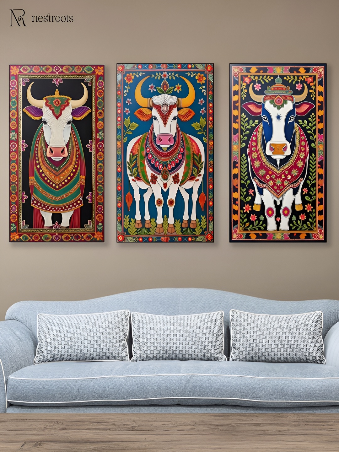 

nestroots Black & White 3 Pieces Canvas Sacred Indian Cow Paintings Wall Arts