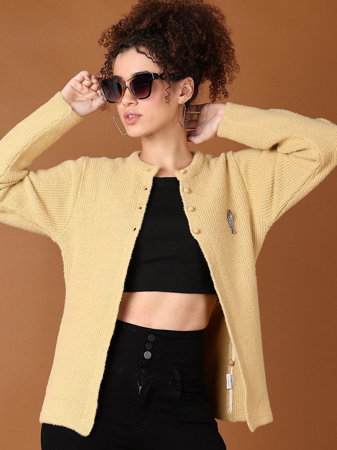 

V-Mart Women Round Neck Cotton Cardigan, Brown