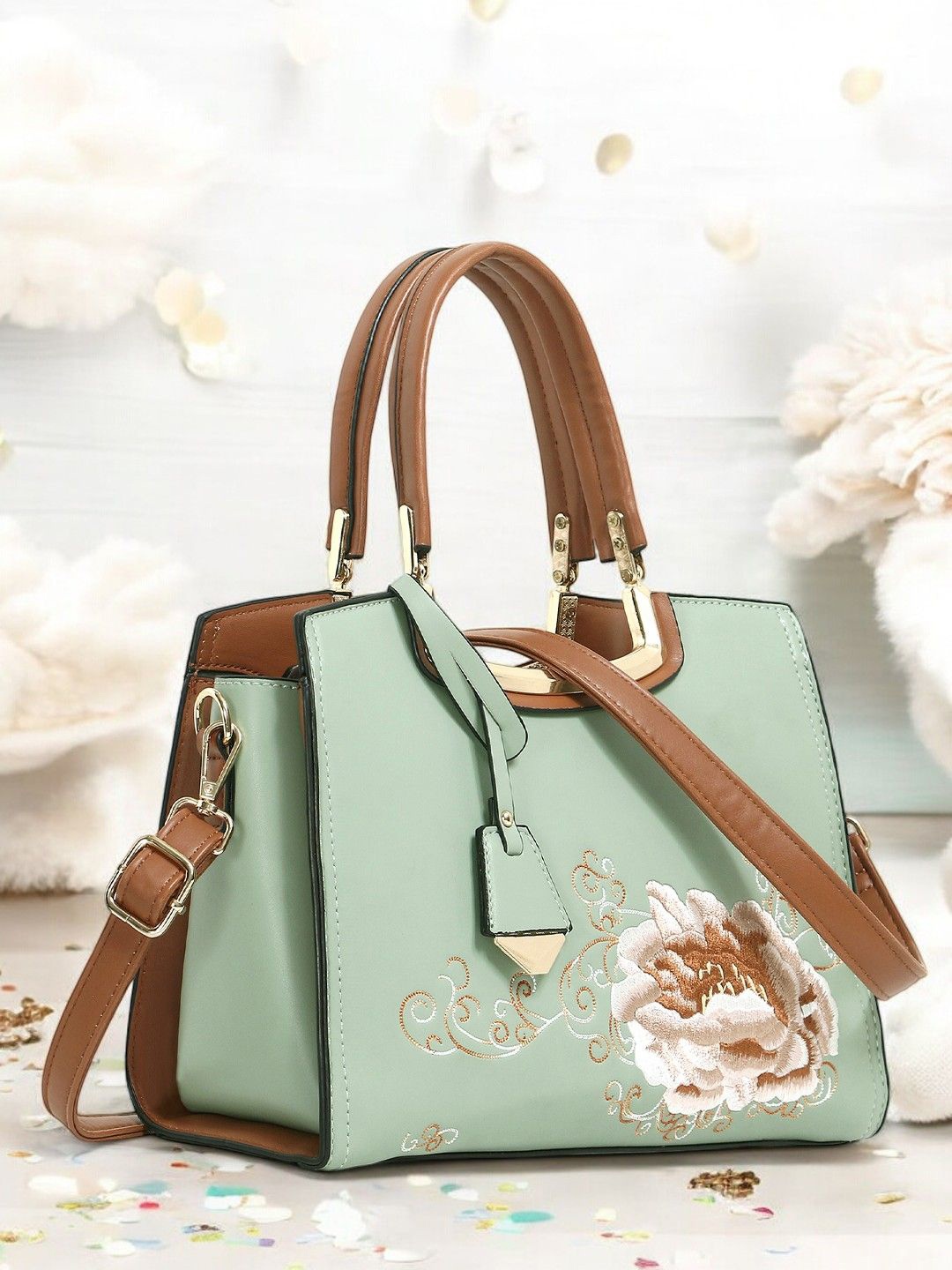 

Exotic Women Floral Printed Structured Handheld Bag, Green