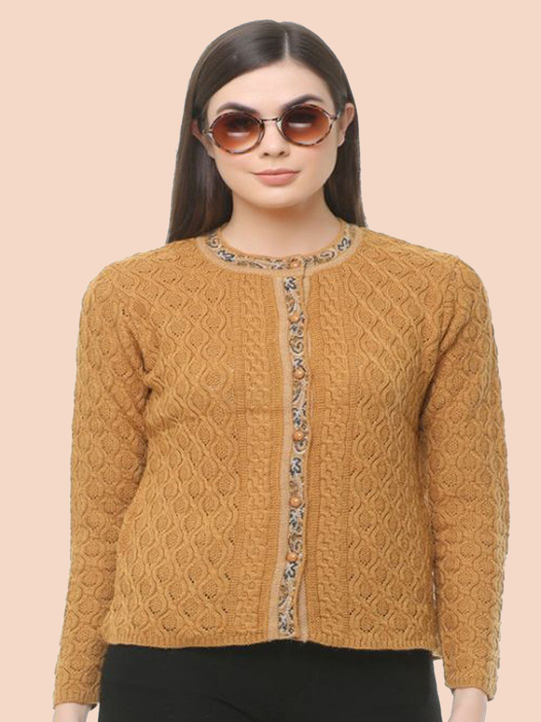 

CLAPTON Women Cable Knit Woollen Cardigan, Gold