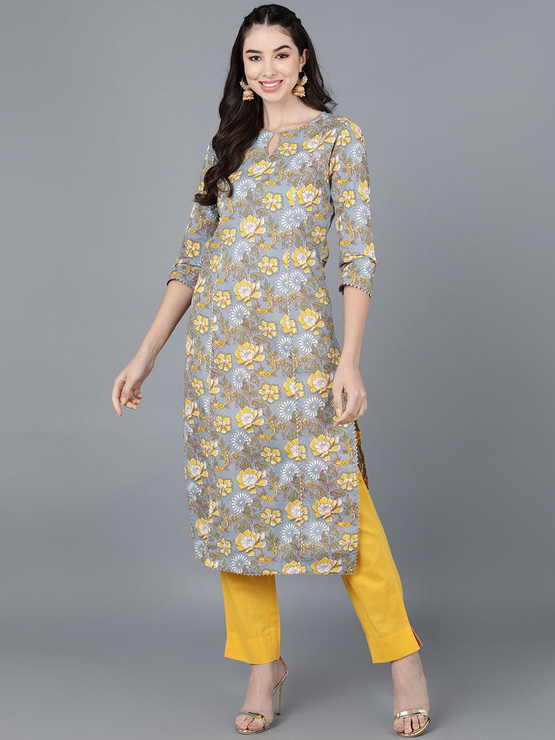 

KALINI Floral Printed Keyhole Neck Gotta Patti Straight Kurta, Grey