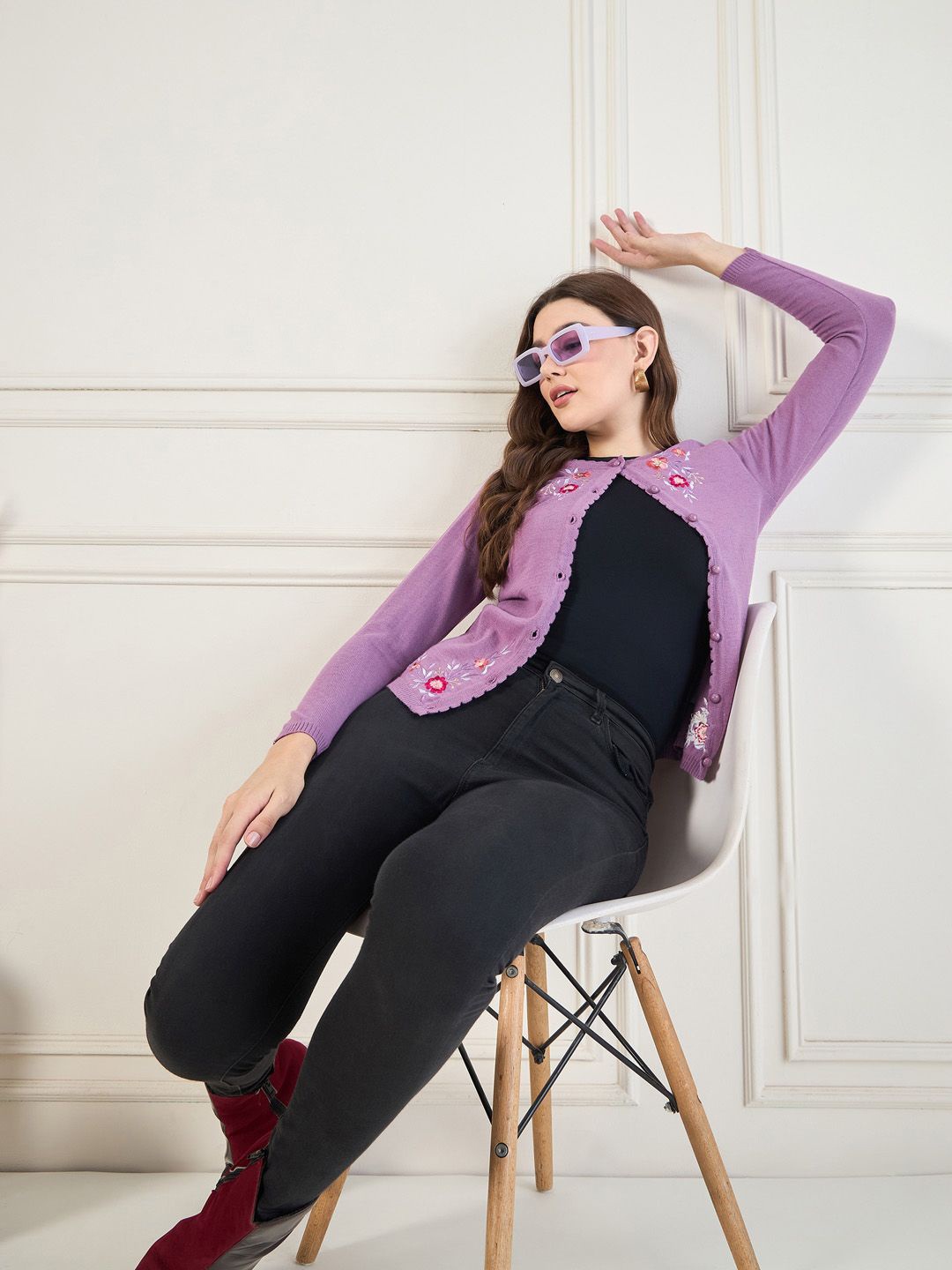 

CLAPTON Women Floral Embroidered Cardigan with Belted Detail, Purple