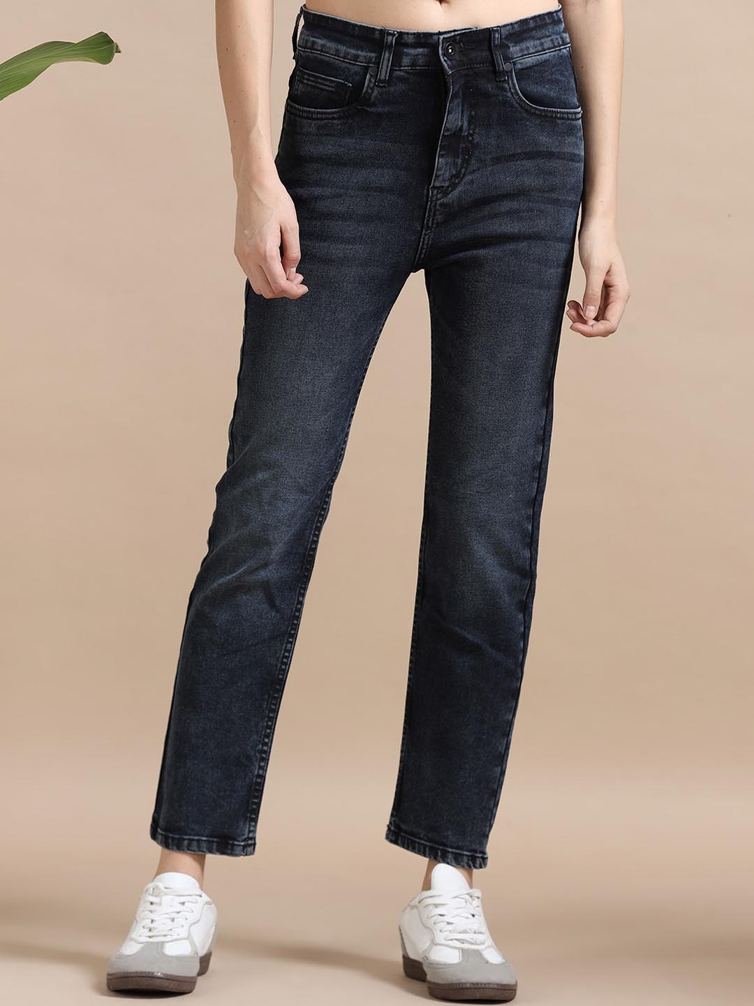 

Mast & Harbour Women Comfort Straight Fit Mid-Rise Light Fade Acid Wash Stretchable Jeans, Blue