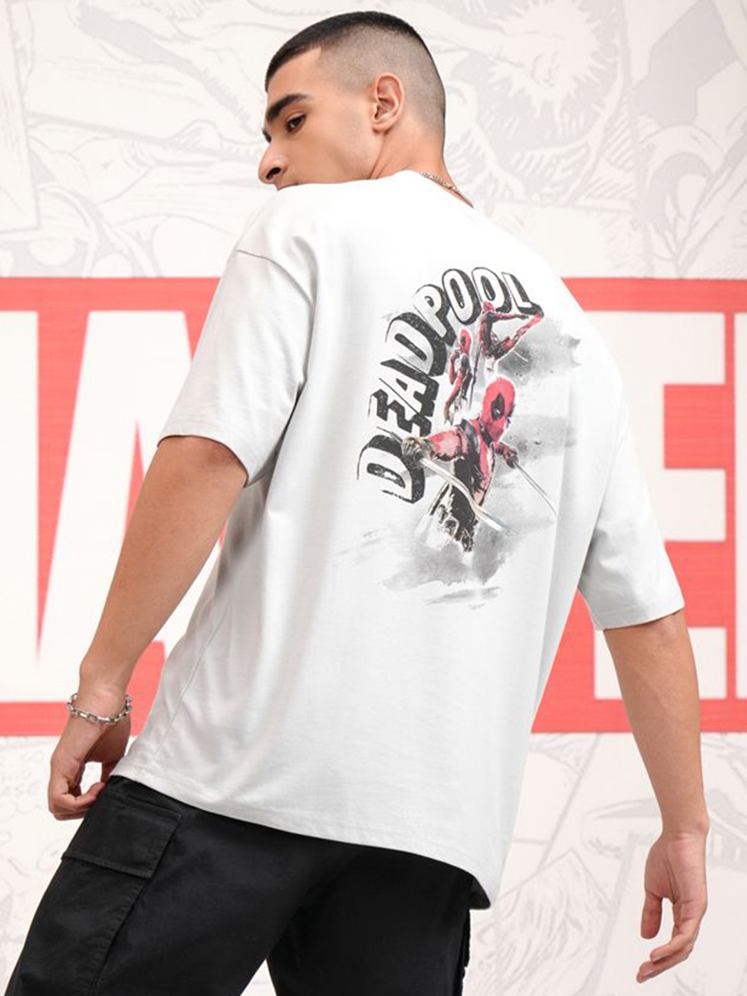 

HIGHLANDER Men Graphic Printed Round Neck Cotton Oversized Deadpool Tshirt, Grey