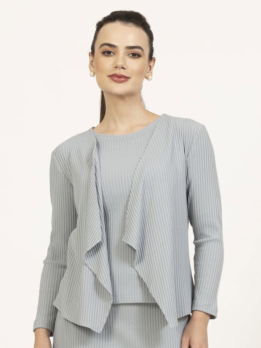 

OFFICE & YOU Striped Open Front Shrug, Grey