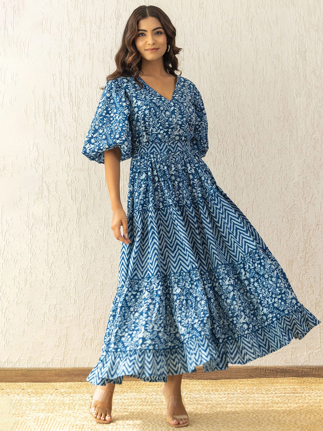 

Polago Clothing Women Floral Printed Puff Sleeves Maxi Dress, Blue