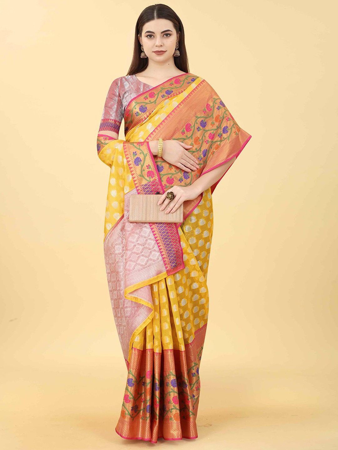 

JUST FASHION Woven Design Zari Traditional Banarasi Saree, Yellow