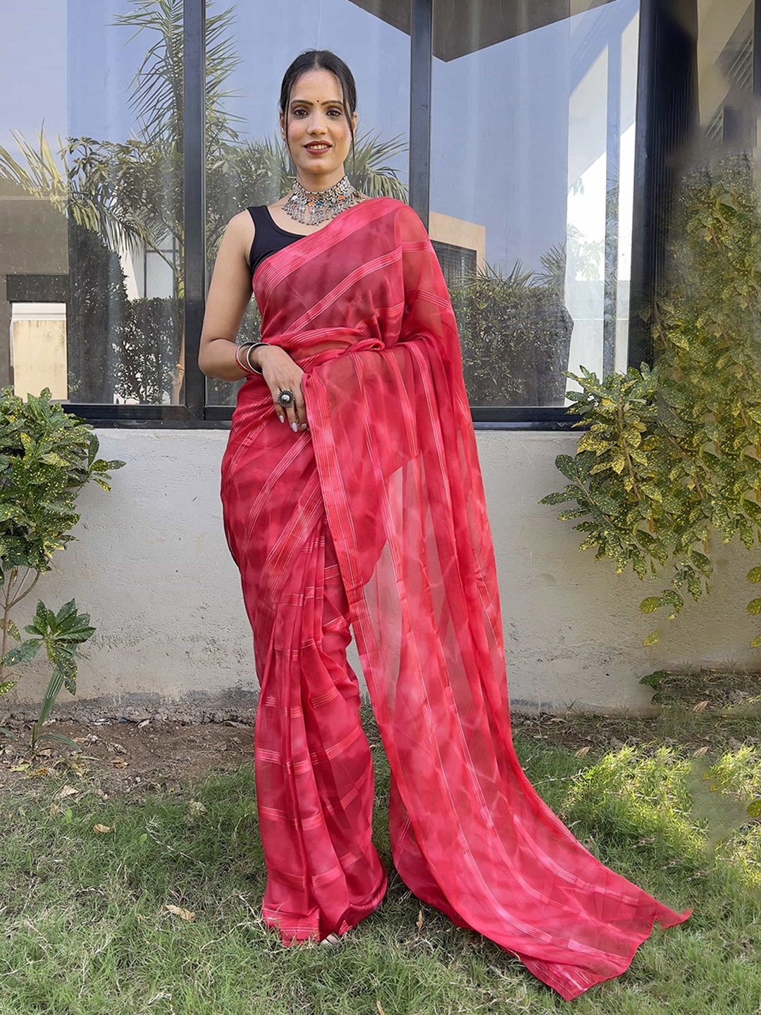 

V3 FASHION STUDIO Tie and Dye Ready to Wear Jamdani Saree, Pink