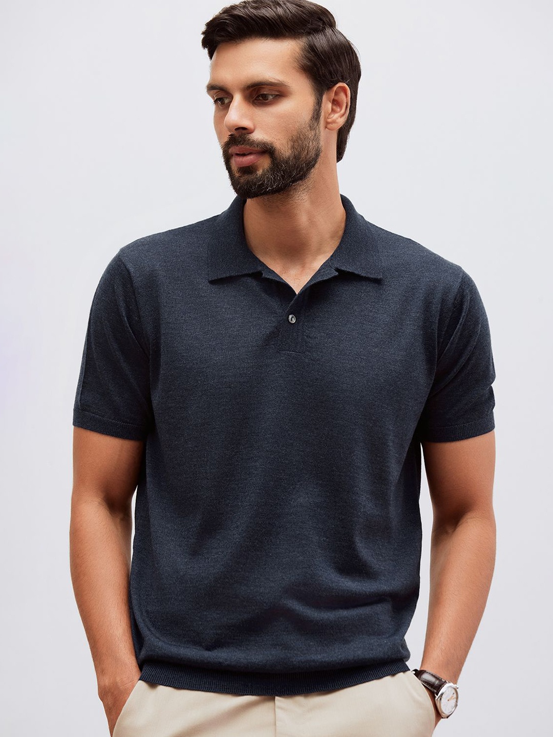 

Andamen Men Polo Collar Woollen T-shirt, Navy blue