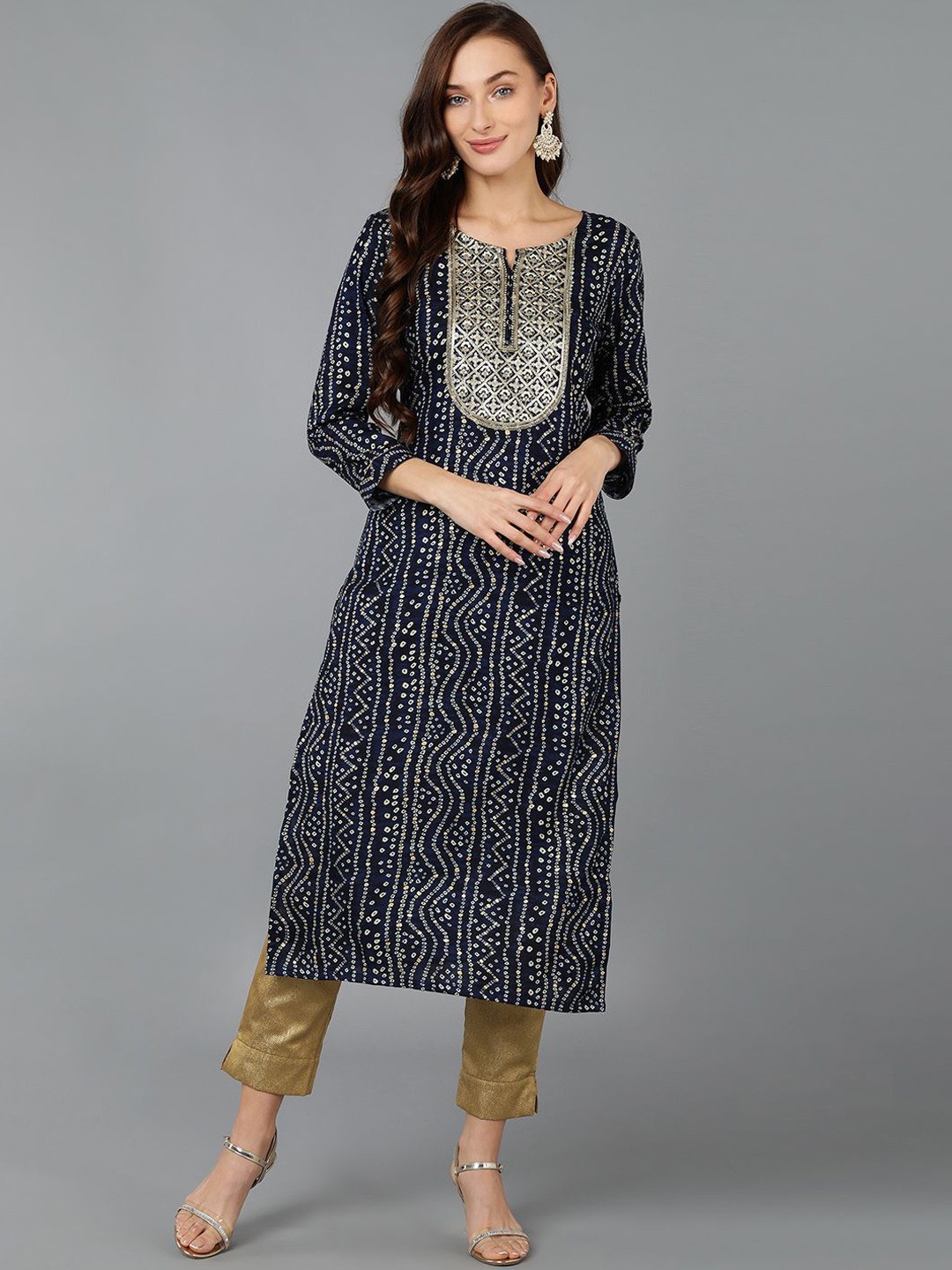 

AHIKA Bandhani Printed Round Neck Sequinned Straight Kurta, Navy blue