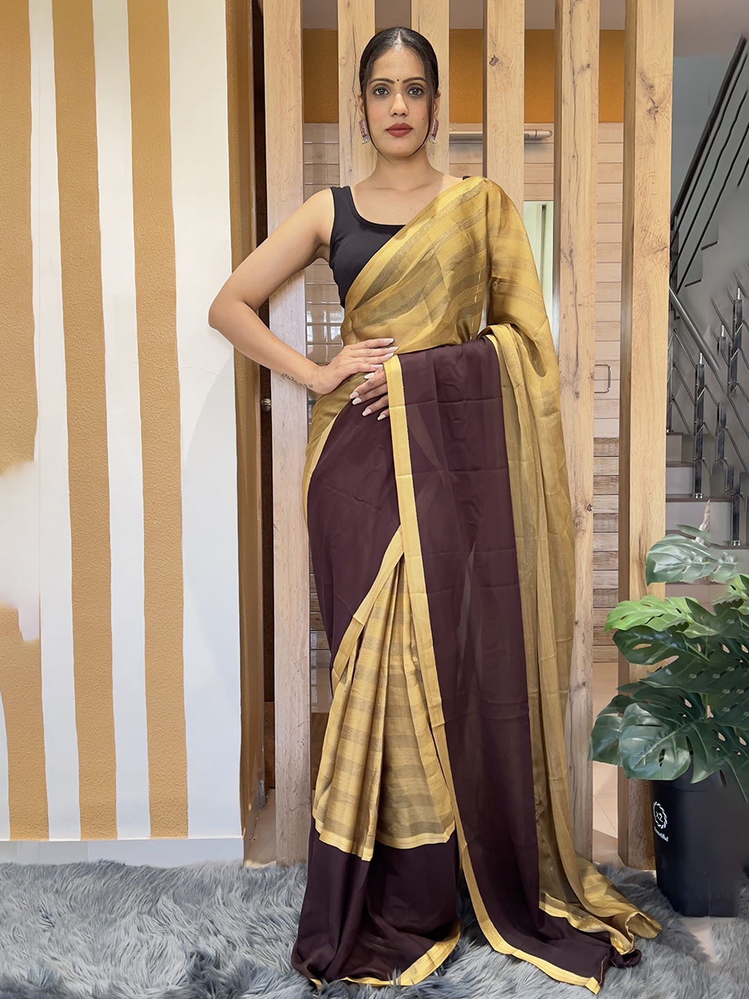 

V3 FASHION STUDIO Pure Chiffon Ready to Wear Saree, Yellow