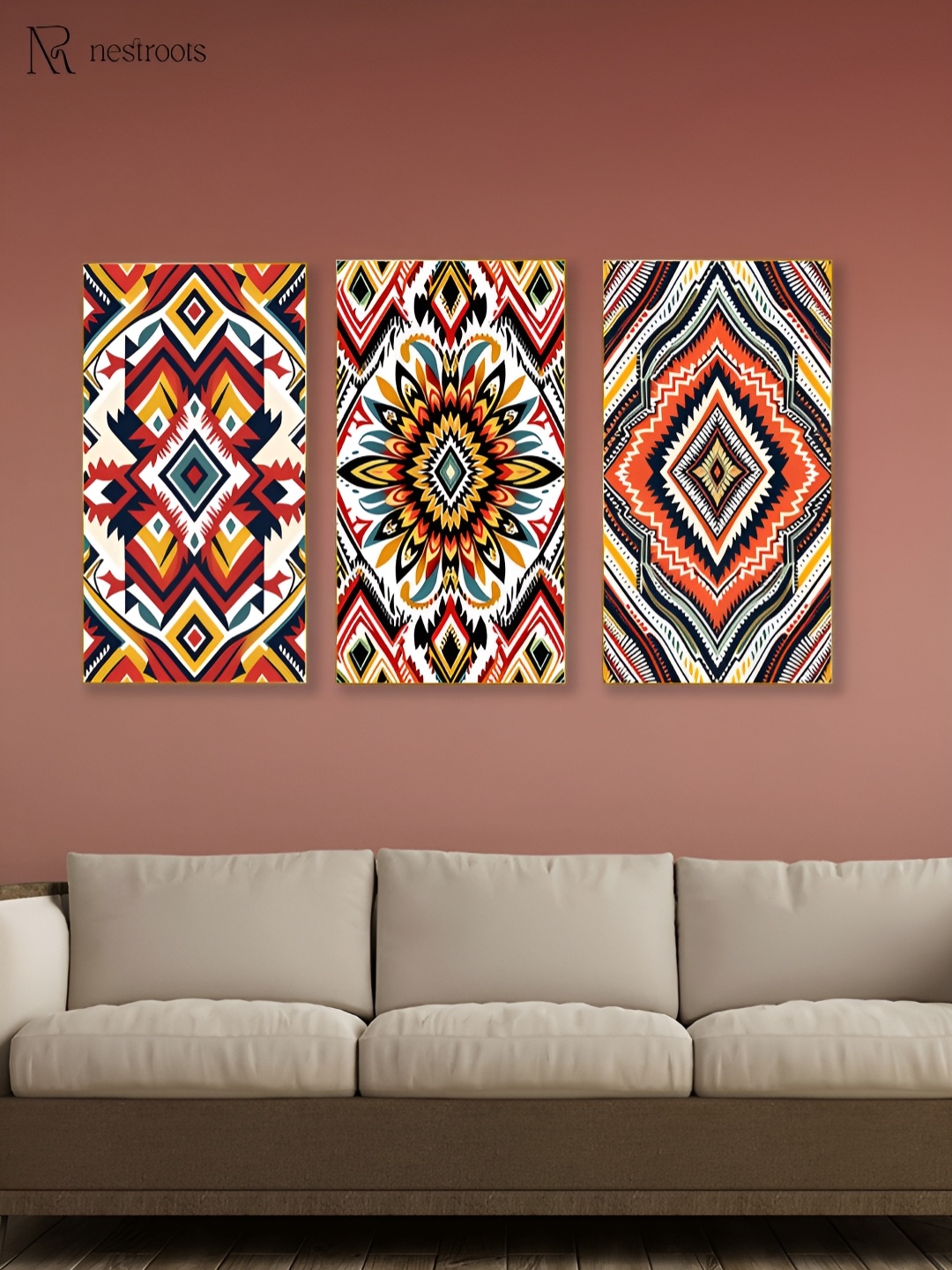 

nestroots Vibrant Tribal White & Brown 3 Pieces Printed Canvas Wall Art