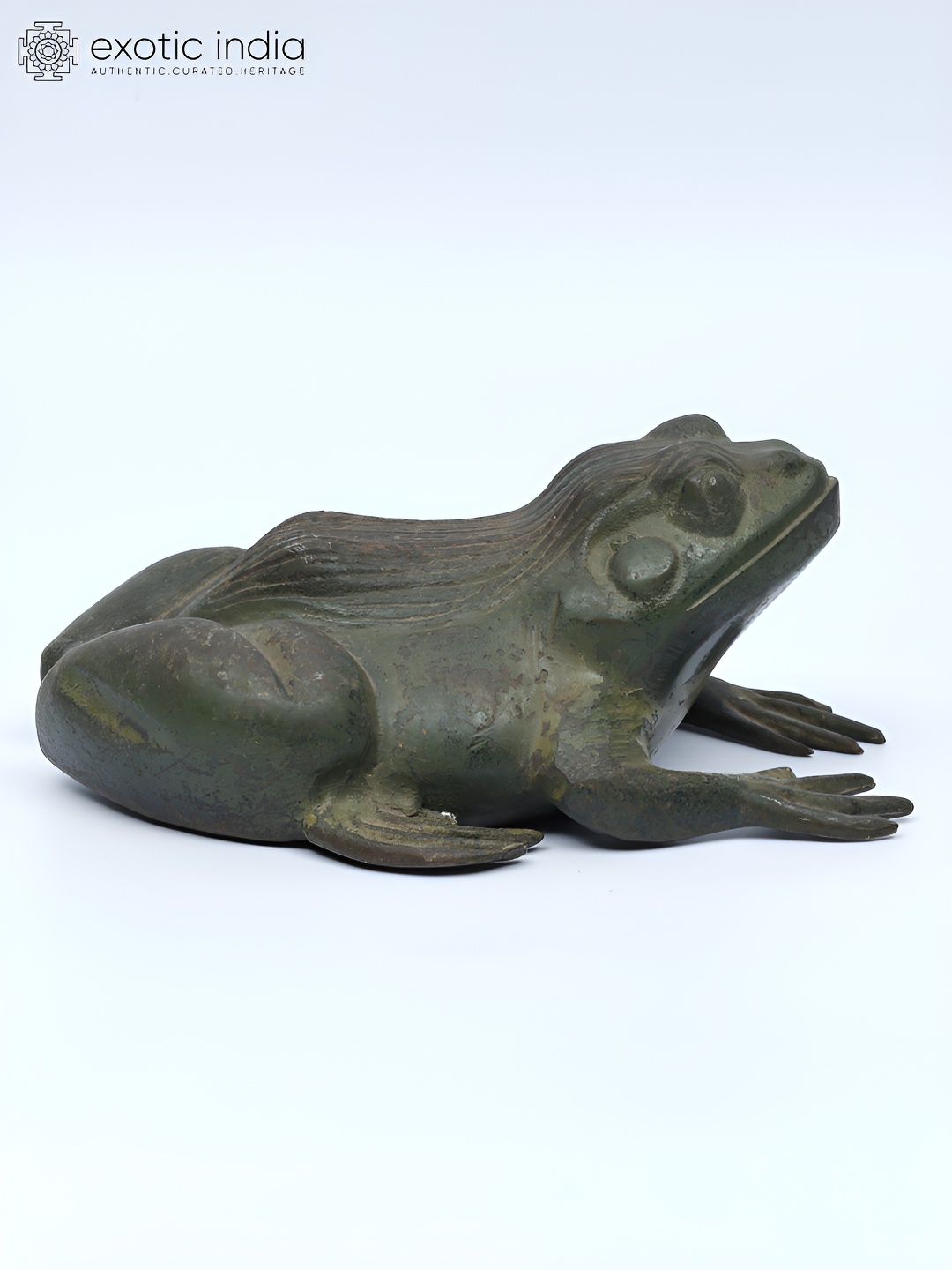 

Exotic India 8" Brass Frog Figurine - Brass Statue, Grey