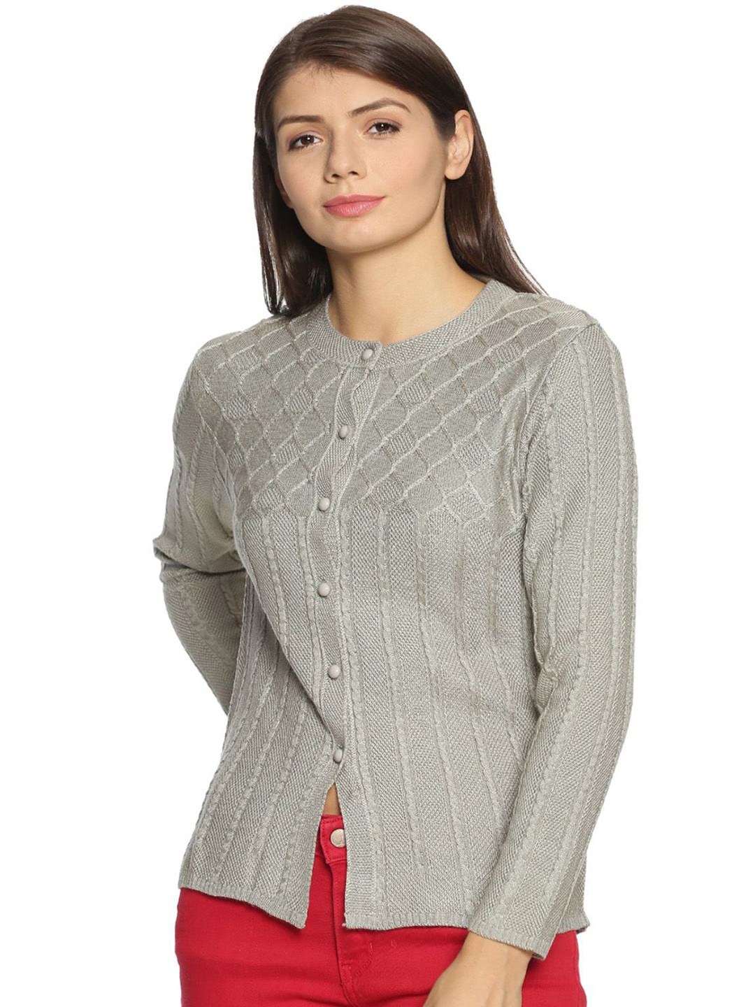 

CLAPTON Women Cable Knit Woollen Cardigan, Silver