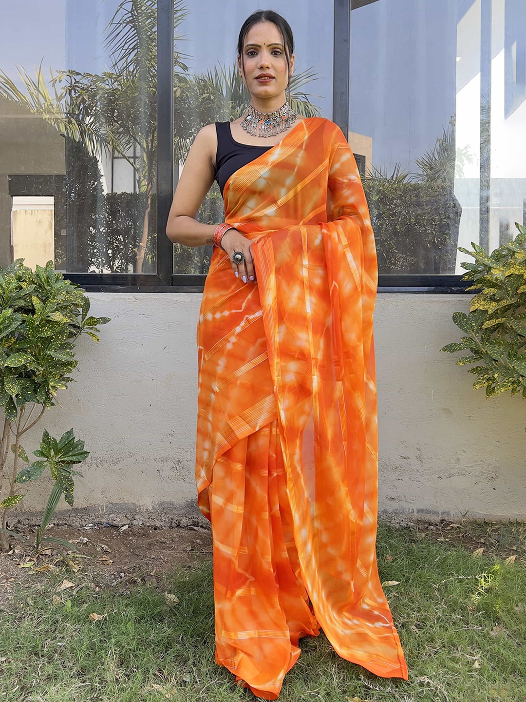 

V3 FASHION STUDIO Women Tie & Dye Pure Georgette Ready to Wear Saree, Orange