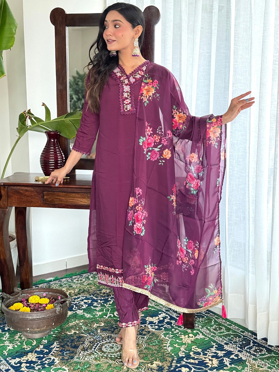 

KALINI Floral Embroidered Thread Work Chanderi Silk Kurta with Trouser & Dupatta, Purple