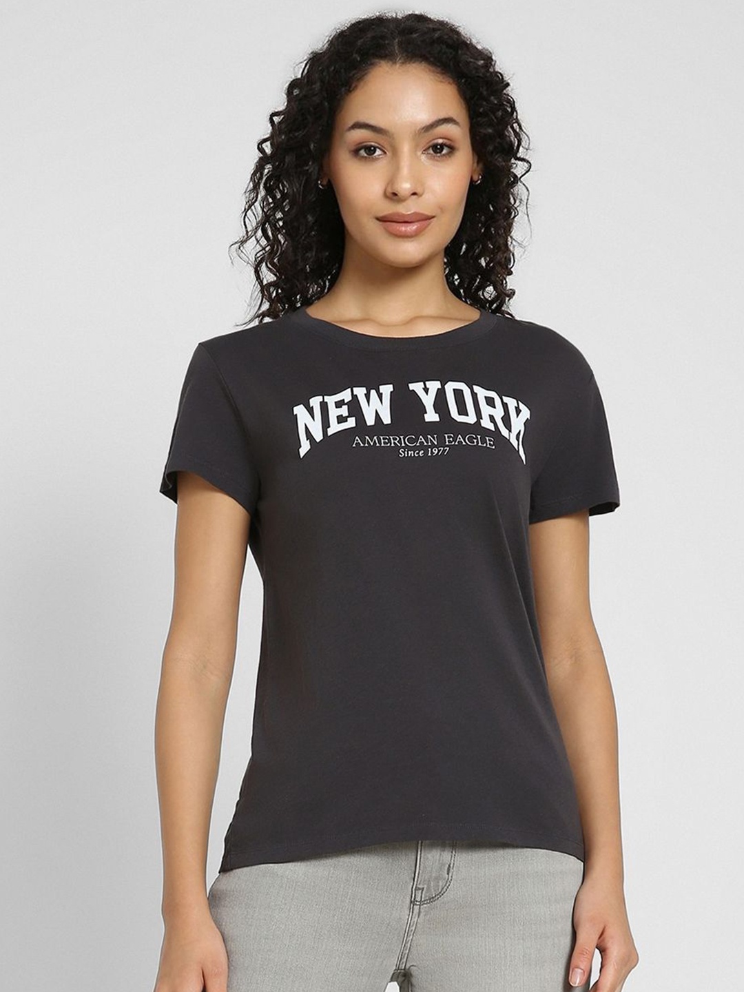 

AMERICAN EAGLE OUTFITTERS Women Typography Printed Round Neck Cotton T-shirt, Black