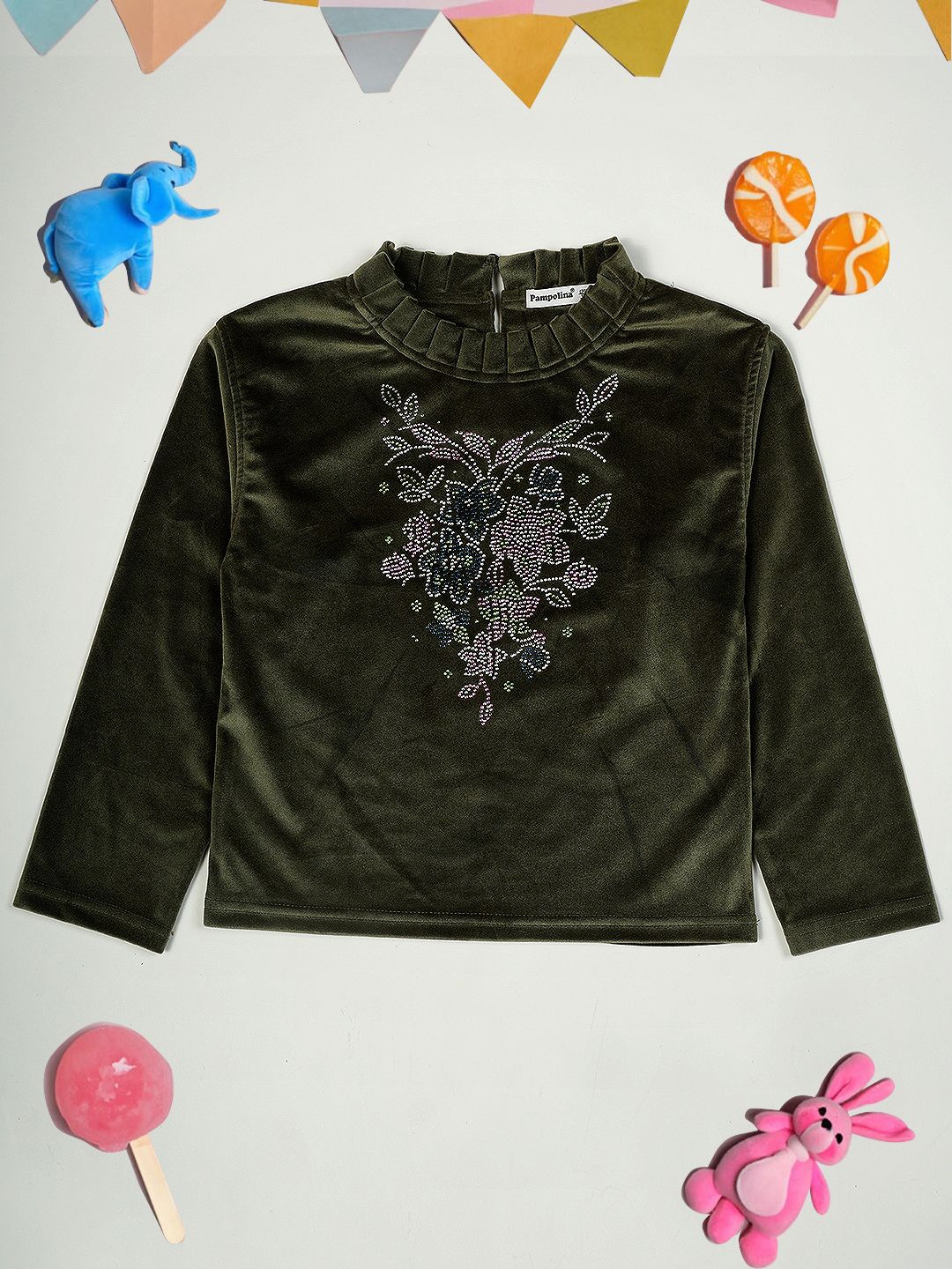 

PAMPOLINA Girls Embellished Sweatshirt, Olive