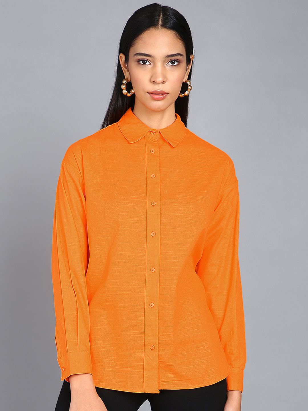 

SAFFE Women Spread Collar Solid Relaxed Fit Casual Shirt, Orange