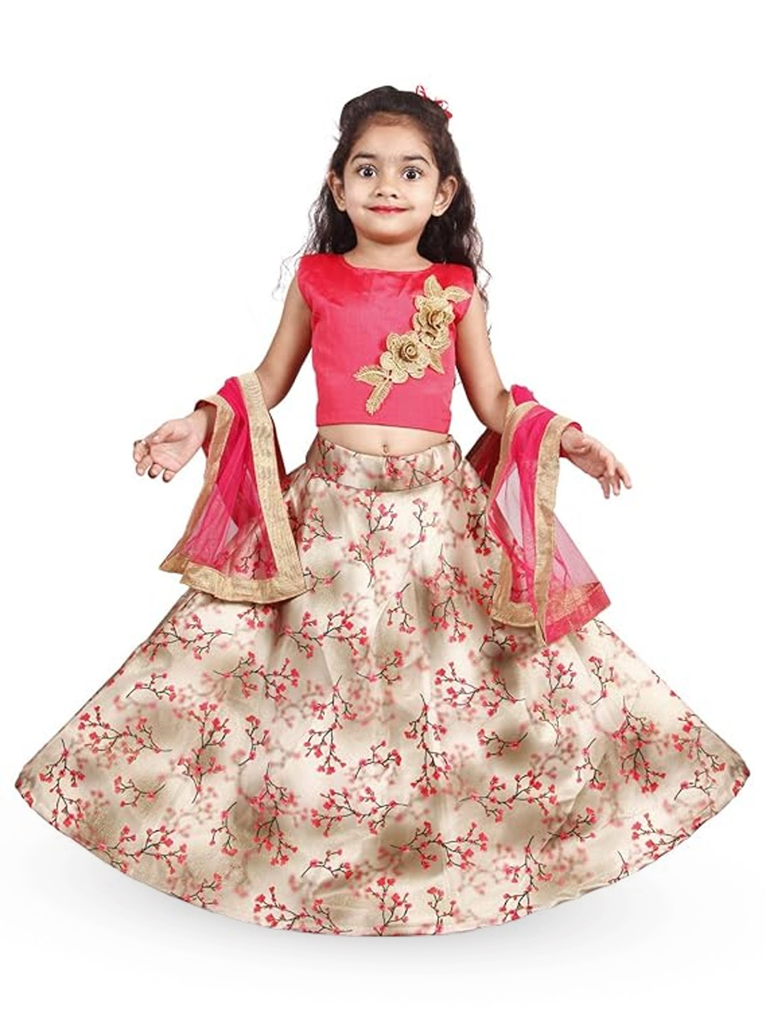 

BAESD Girls Embroidered Tie and Dye Ready to Wear Lehenga & Blouse With Dupatta, Pink